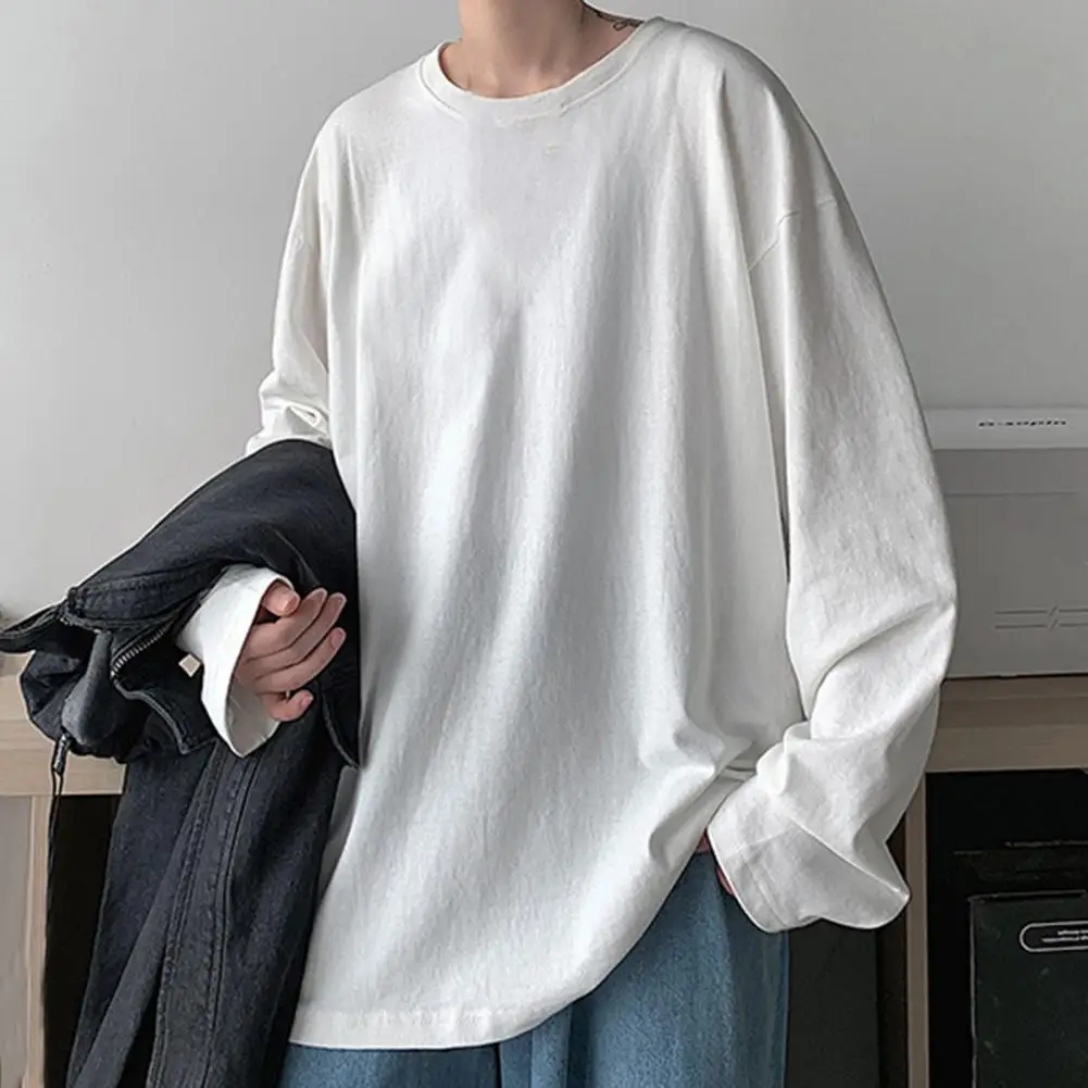 

2021 Stylish T-shirt Solid Color All Match Skin-friendly Breathable O Neck Long Sleeve Men T-shirt Easy to Wash for Daily Wear