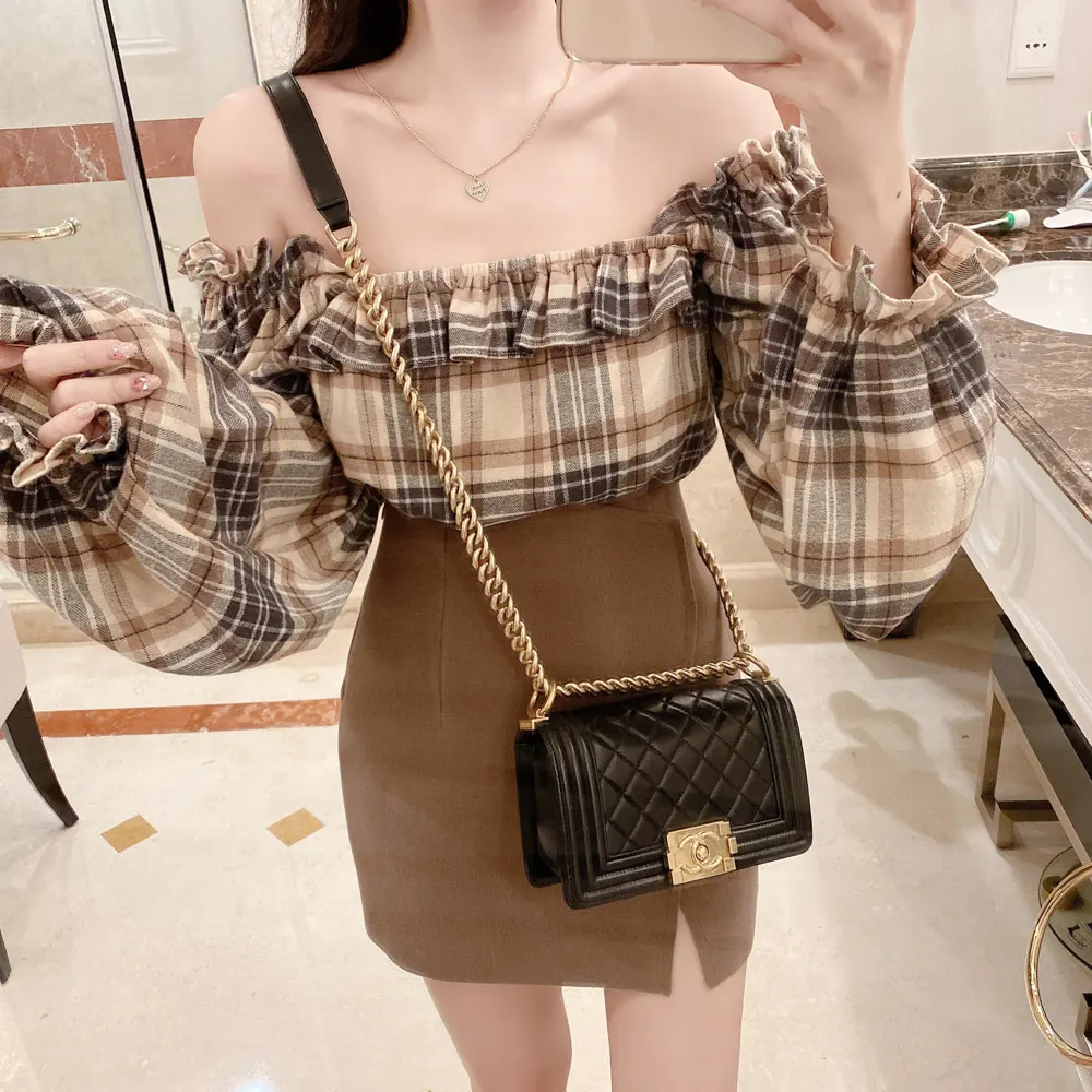 

20231 BRAND NEW Womens Tops Slash Neck Long Sleeve Chic Plaid Blouse Ruffles Cute Women Fashion Shirt Chemise Blusa Mujer