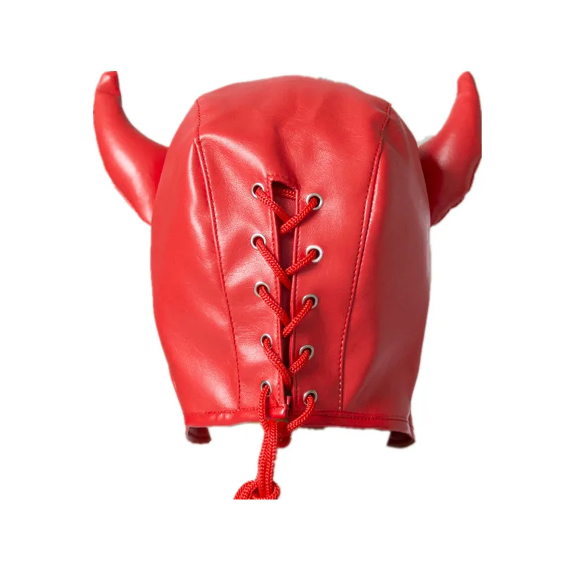Красно-черный дьявол Бык Рог голова для вечерние маска бандаж Фетиш Секс капюшон