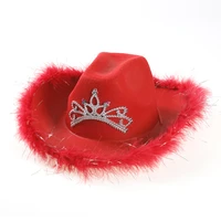 new red fur tiara cowboy hat for women girls western style cowgirl cowboy cap with colorful rhinesones holiday costume party hat