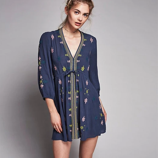 

Женское мини-платье с цветочной вышивкой Boho, летние повседневные пляжные свободные вечерние платья с длинным рукавом, на шнуровке