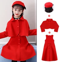 three piece suit new year clothes korean version of woolen red childrens suit autumn and winter skirt jacket hat girl