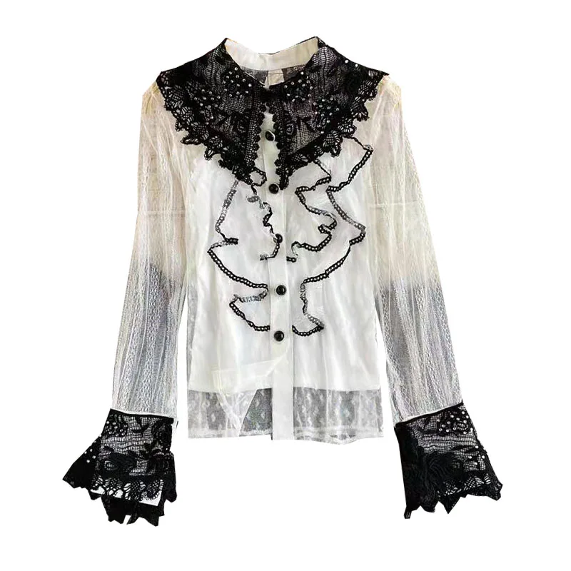 

Spring han edition falbala splicing doll brought new chiffon shirt women long sleeve casual shirt brim blouse
