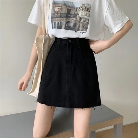 Blue Skirts Women Denim Summer Vintage College Sweet All-match Tassel A-line Ins Soft Classic Jupe Ladies Casual Female Simple