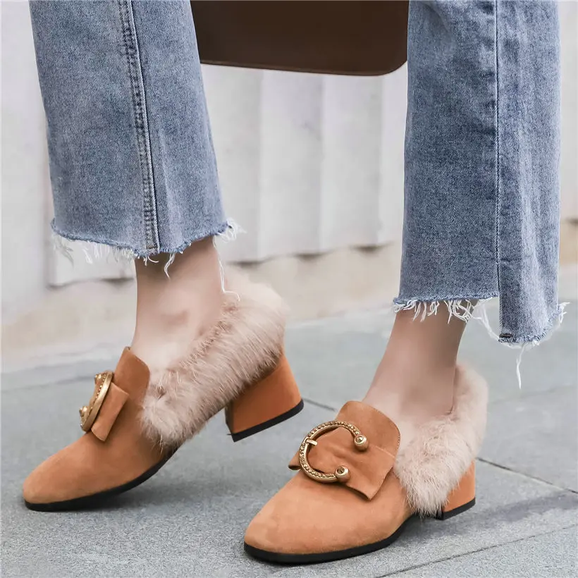 Шикарная женская обувь из коровьей замши теплые вечерние туфли лодочки на не