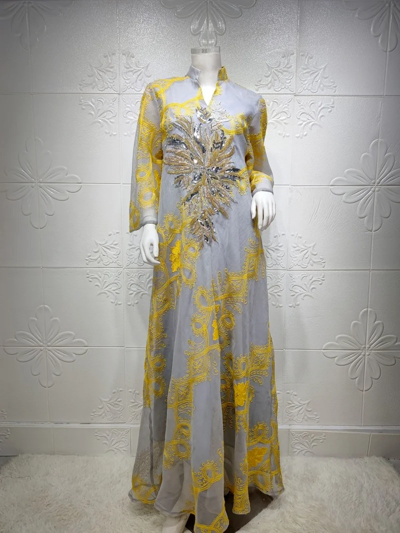 Fashion Mesh Embroidered Muslim Abaya Dress Jalabiya for Women Sequins Long Sleeve Party Morrocco Kaftan Dubai Evening Clothes