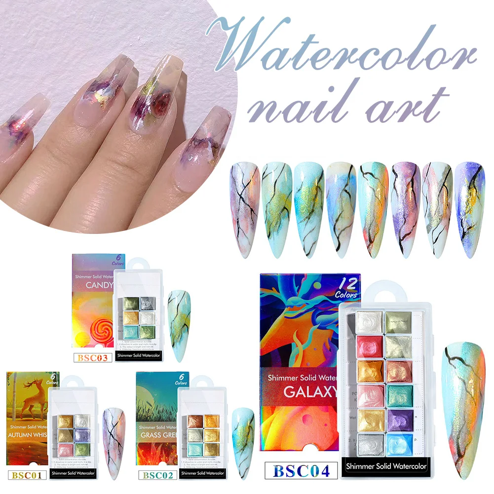 

12 Colors Nail Paint Watercolor Palette Set Blooming Paints Glitter Mineral Pearlescent Pigment Solid Watercolor Powder Nail Art