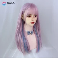 gaka synthetic long straight hair pink highlighting blue heat resistant cosplay wig with bangs for women