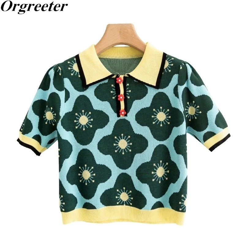 Женский жаккардовый укороченный топ с отложным воротником цветными