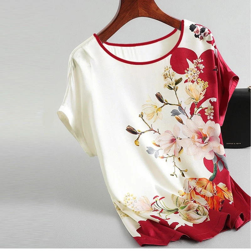 

2021NEW Women Silk Satin Blouses Plus size Batwing sleeve Vintage Print Floral Blouse Ladies Casual Short sleeve Tops
