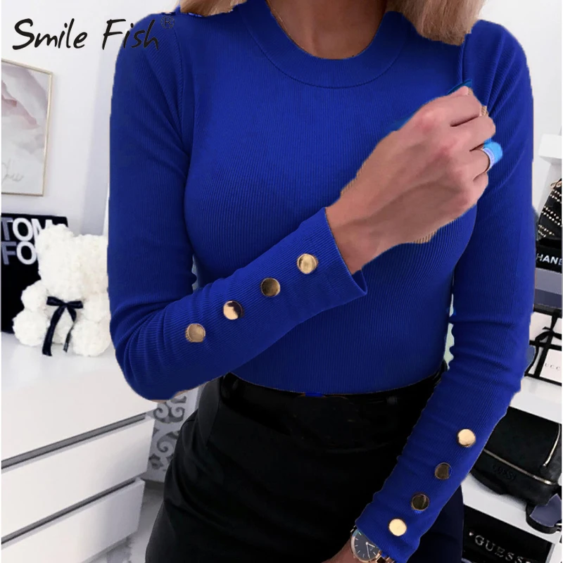 Водолазка на пуговицах с длинным рукавом Вязаные Рубашки Женские базовые