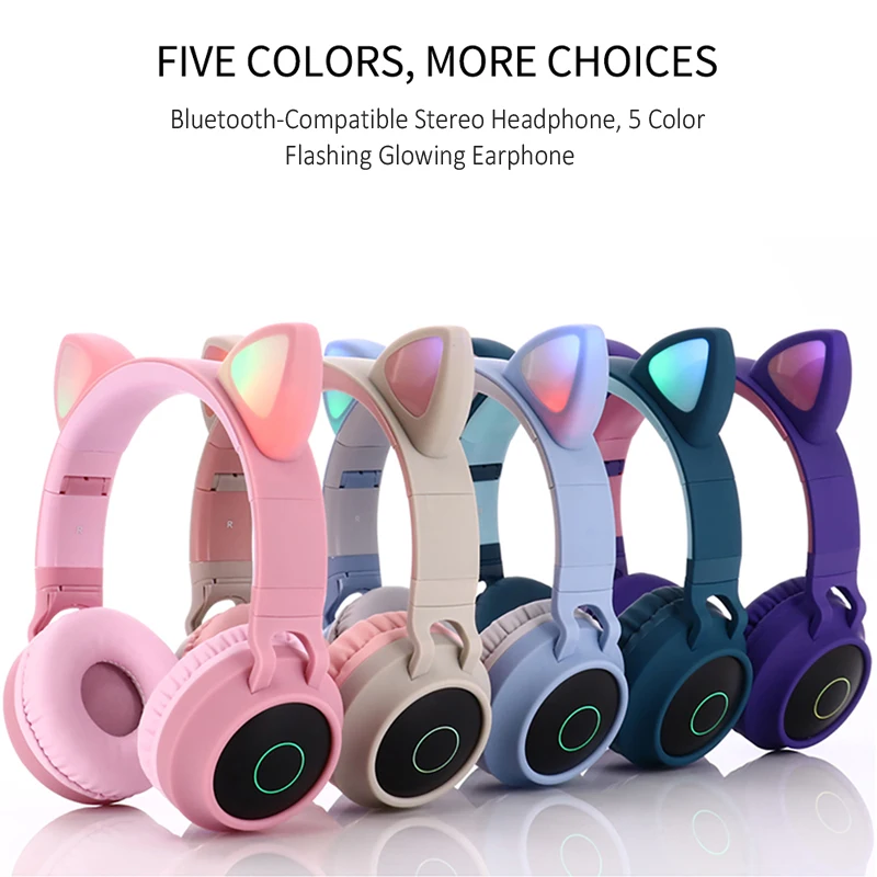 Cute Cat Ear Headset LED Wireless Bluetooth-Compatible Headphones with Mic Glowing Earphones for Children Gifts daughters girls |