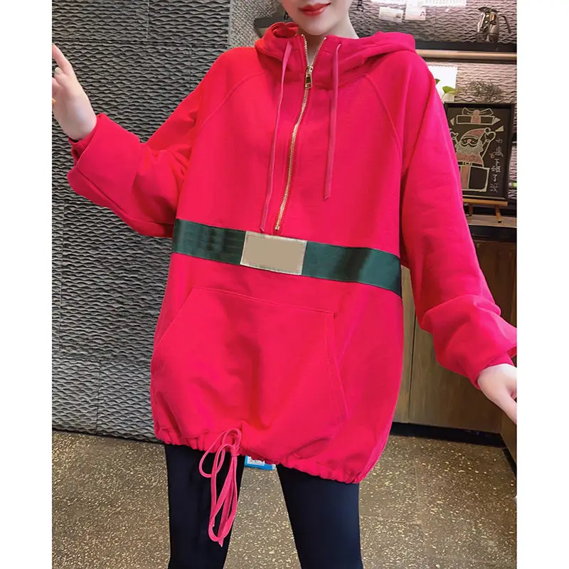 

Loose design half open neck Printed Red Hoodie