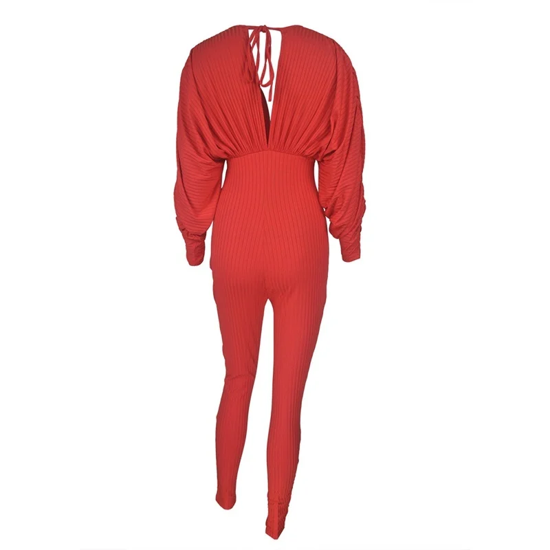 

Deep V Knit Rib Bodycon Fitness Playsuit Bat Long Sleeve Zipper Body Solid Color Rompers High Elastic Womens Jumpsuit