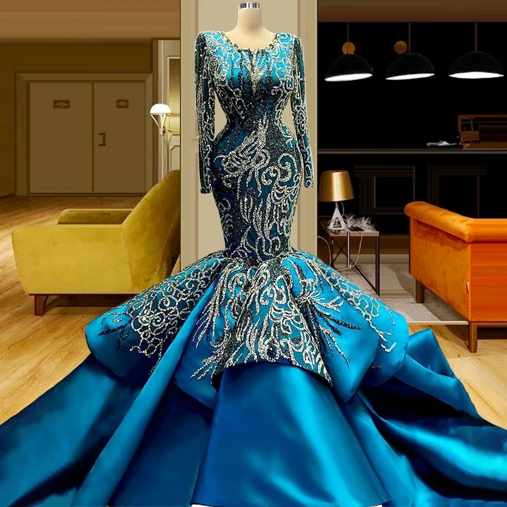 

Женское вечернее платье-Русалка Aso Ebi, синее кружевное платье для выпускного вечера