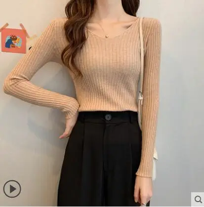 

2021 autumn and winter new slim fashion casual solid color v-neck long-sleeved knit sweater women