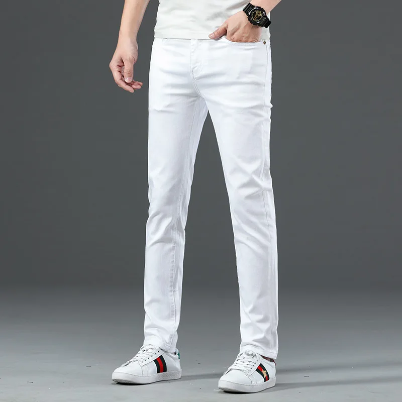 

2021 new jeans slim little feet white loose straight elastic casual pants men's Korean Trend
