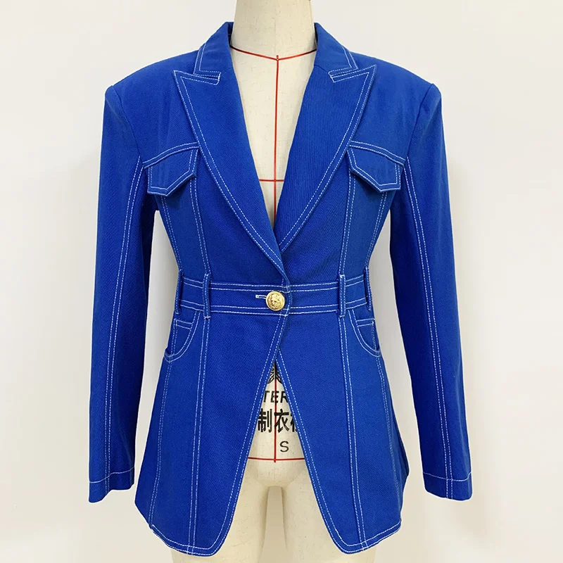 

HIGH QUALITY 2021 Newest Fashion Designer Runway Jacket Women's Extra Shoulder Top Stitching Contrast Single Button Denim Blazer