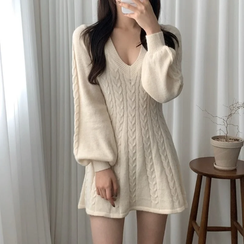 

Long Lantern Sleeve Sweater Dress Female Cotton Elegant Korean Autumn Winter 2021 Solid Apricot V Neck Mini Dress Women Vestido