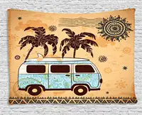 Vintage Hawaii Tapestry Retro Trees Old Van with Abstract Sun Design Beach Surfing Board Wide Wall Hanging