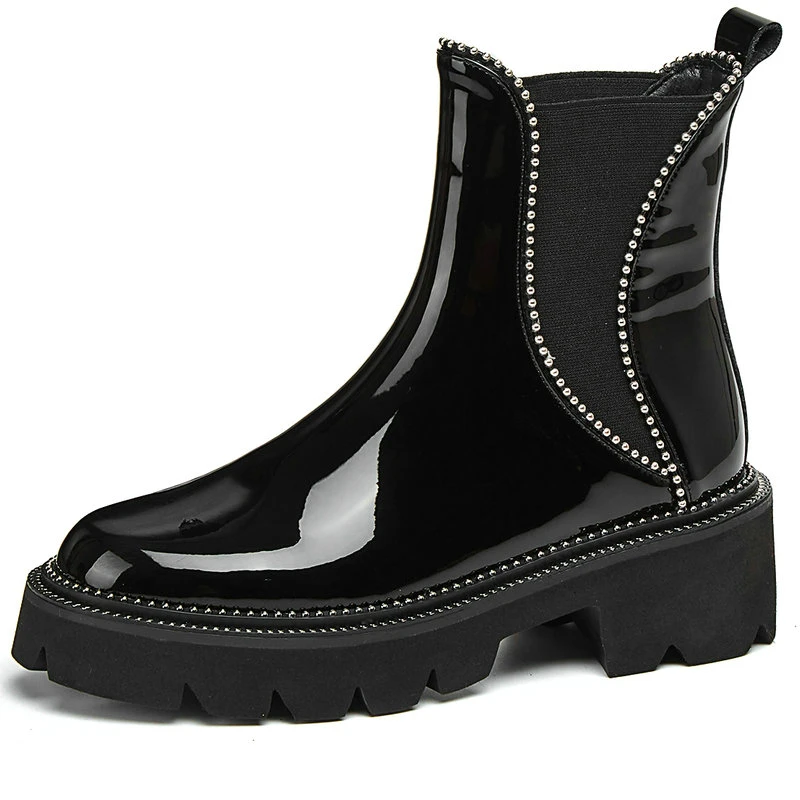 

Elastic band Women Boots 2021 Newest Genuine Leather Chunky high Heels Shoes Woman Platform Ankle Boots Winter autumn