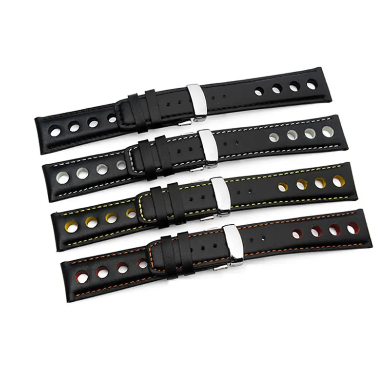 

Genuine leather watchband black with white yellow orange line strap Replacement T91 1853PRS516 leather strap men's bracelet