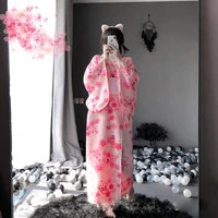 women kimono sakura print pink long cardigan bow obi belt casual loose homewear female sexy cute yukata japanese costumes