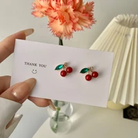 2021 korean sweet green crystal red cherry fruit stud earrings for women girl clip on earring without piercing femme jewelry