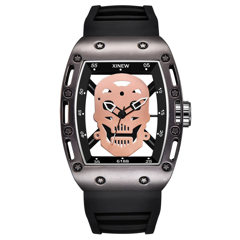

Relogio Masculino Watch Men Skull Hollow Watches Unique Skeleton Rubber Strap Tonneau Quartz Wristwatch Male Clock Drop Shipping