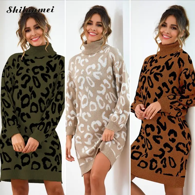 Женское трикотажное платье-свитер с леопардовым принтом | Женская одежда