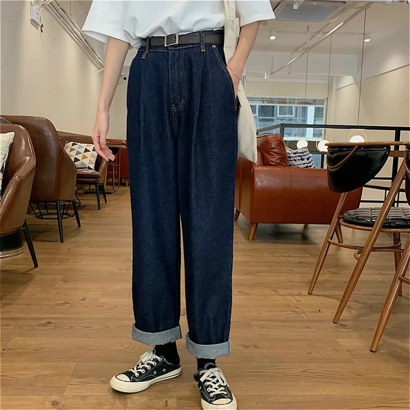 

Jeans Women High Waist BF Pocket All-match Simple Neutral Blue Boyfriend Baggy Vintage Denim Feminino Trouser Straight Plus Size