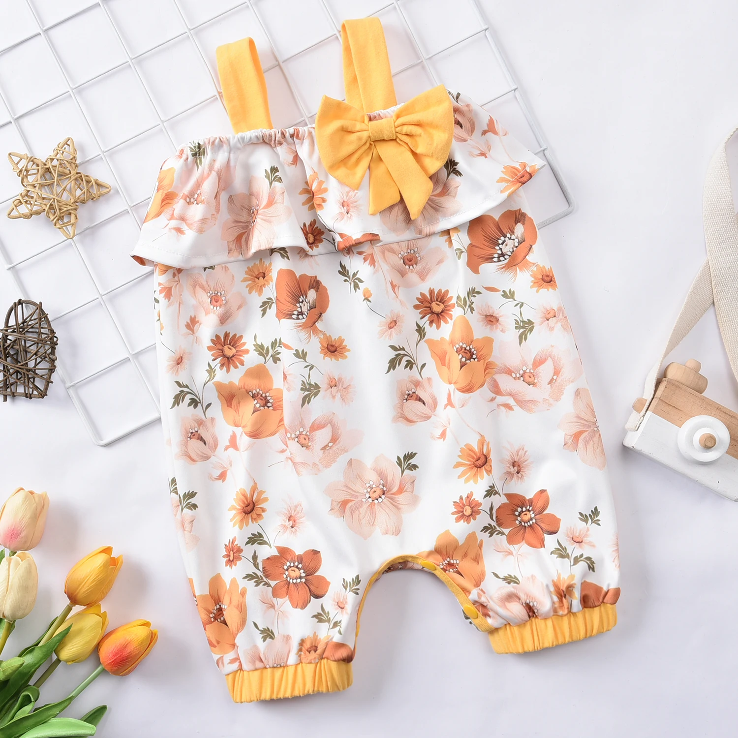 

Infant Summer Rompers, Floral Strappy Flounce Sleeveless Jumpsuit with Bowknot Decor for Baby Girls, 0-12 Months