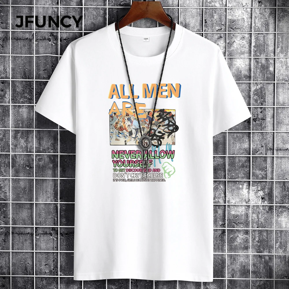 

JFUNCY Summer Pure Cotton Man T-Shirts Pattern Print T-Shirt Casual Short-Sleeved Tshirt Plus Size Loose Men Top Tees