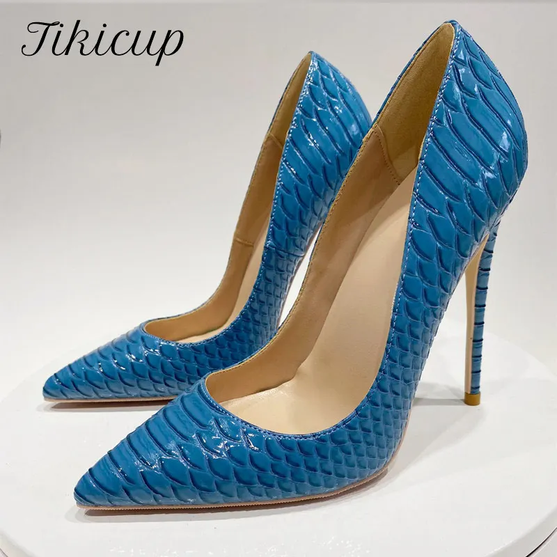 

Tikicup Blue Croc-Effect Women Embossed Patern Pointed Toe High Heels Italian Style Chic Pumps Ladies Fashion Party Dress Shoes