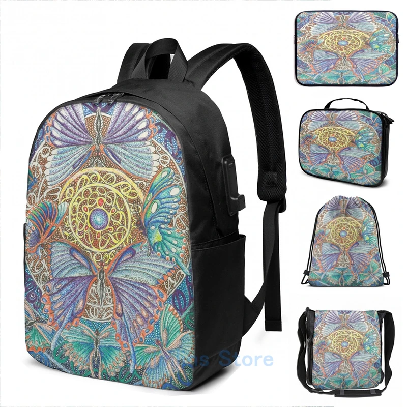 Забавный рюкзак с графическим принтом бабочек USB-зарядкой мужские школьные сумки