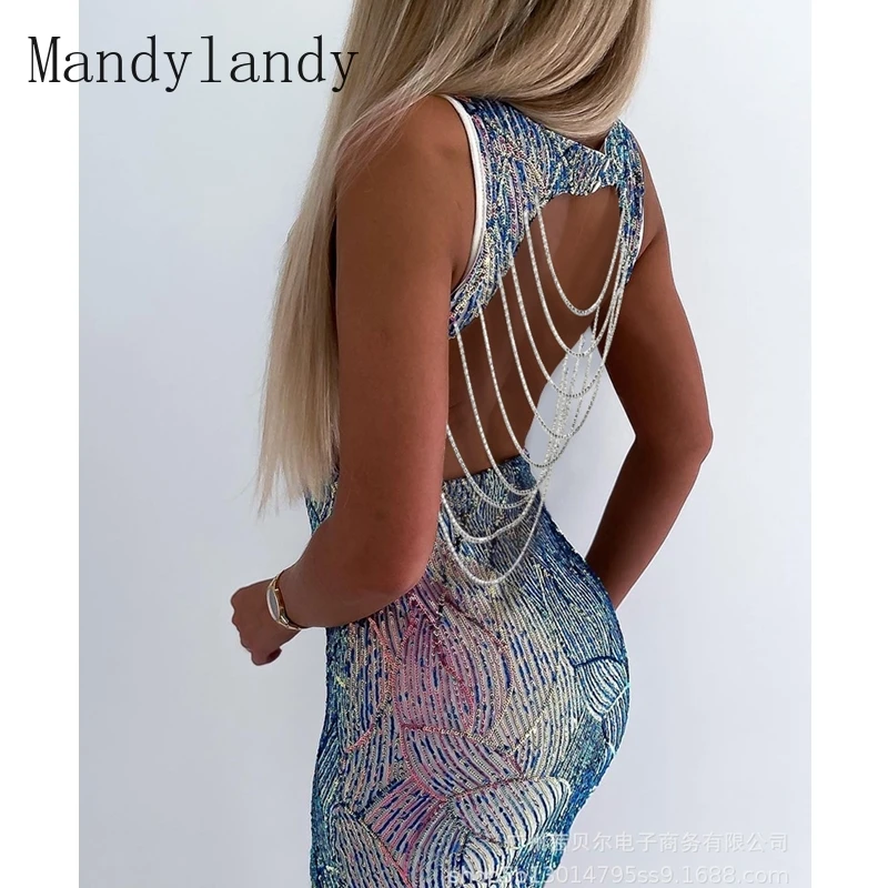 

Mandylandy Dress Summer Fashion Sleeveless V-neck High Waist Slit Dress Womens Sexy Sequined Solid Color Slim Fit Backless Dress
