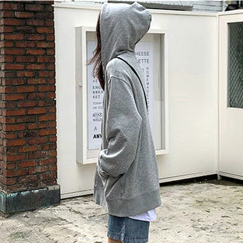 

New Zip Up Hoodie Women Spring Casual Hooded Pure Black Retro Lady Jacket Harajuku All-match Chic Oversize Woman Streetwear Tops