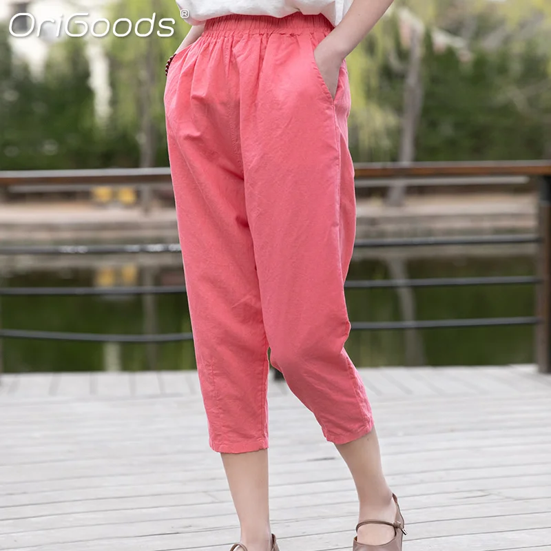 OriGoods летние укороченные штаны для женщин однотонные розовые коричневые бежевые