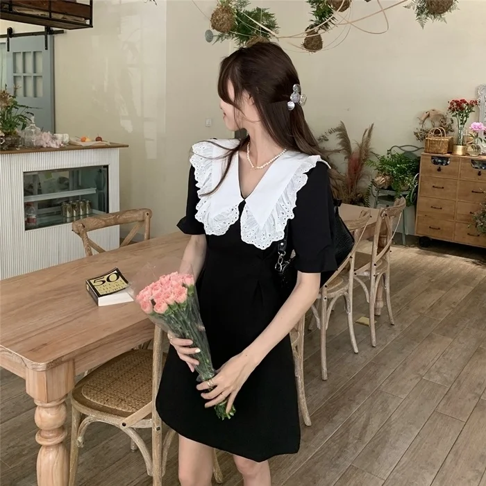 

Cost-Effective Gentle Summer Party Lace Black Plus Size Dress Elegant Women Korean Style Loose Clothes Vintage Gothic Student