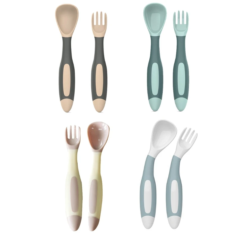 

R9UE Baby Utensils Set Auxiliary Food Toddler Learn To Eat Training Bendable Soft Spoon Fork Infant Children Tableware