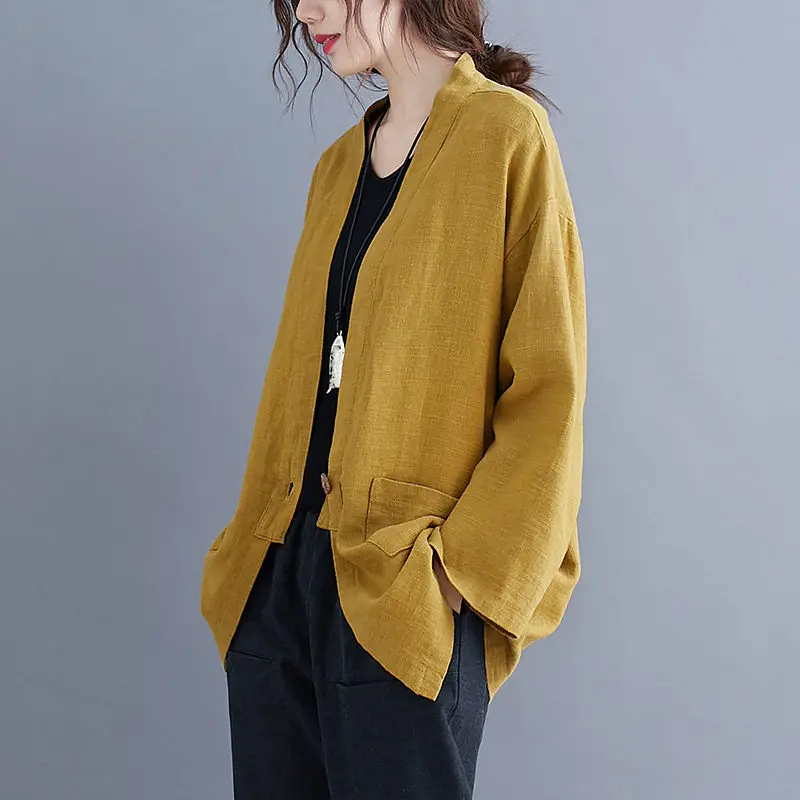 

Large Size Women's Full Sleeve Cardigan Jacket Early Spring Loose Solid Color Thin Style With Pocket Long Cotton Linen Top y1375