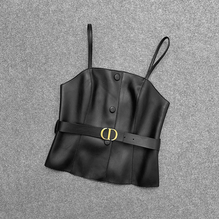 2022 Spring New Style Leather Jacket, Leather Sheep Skin, Fashion Vest, Metal Belt, Sleeveless Sling E1