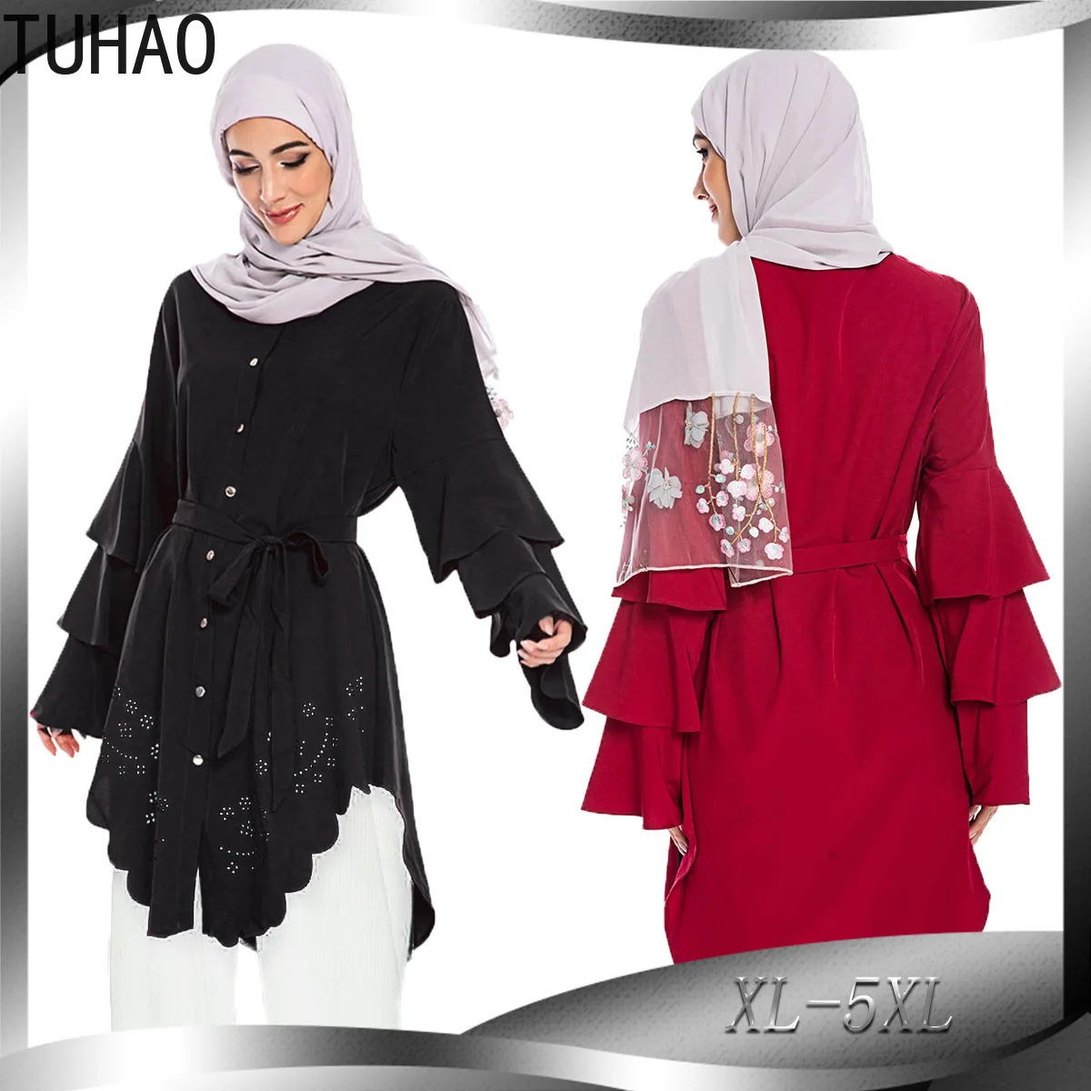 

TUHAO Long Style Women Casual Blouse Shirts Plus Size 5XL 4XL 3XL Hollow Out Solid Color Black Red Office Lady Oversize Top WM69