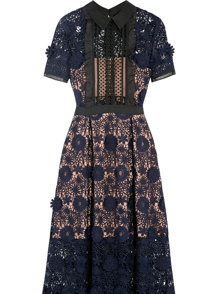 

European station Milan show summer new heavy industry lace three-dimensional flower dress slim slim medium-length