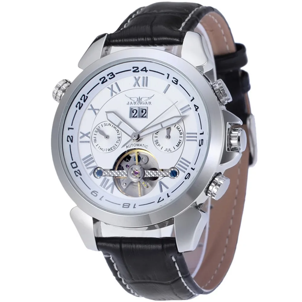 Silver Case White Модные JARAGAR, мужские Брендовые Часы, дата, кожа, Tourbillon, маховик, авто механические мужские часы, наручные часы, подарочная коробка - Цвет: Silver Case White