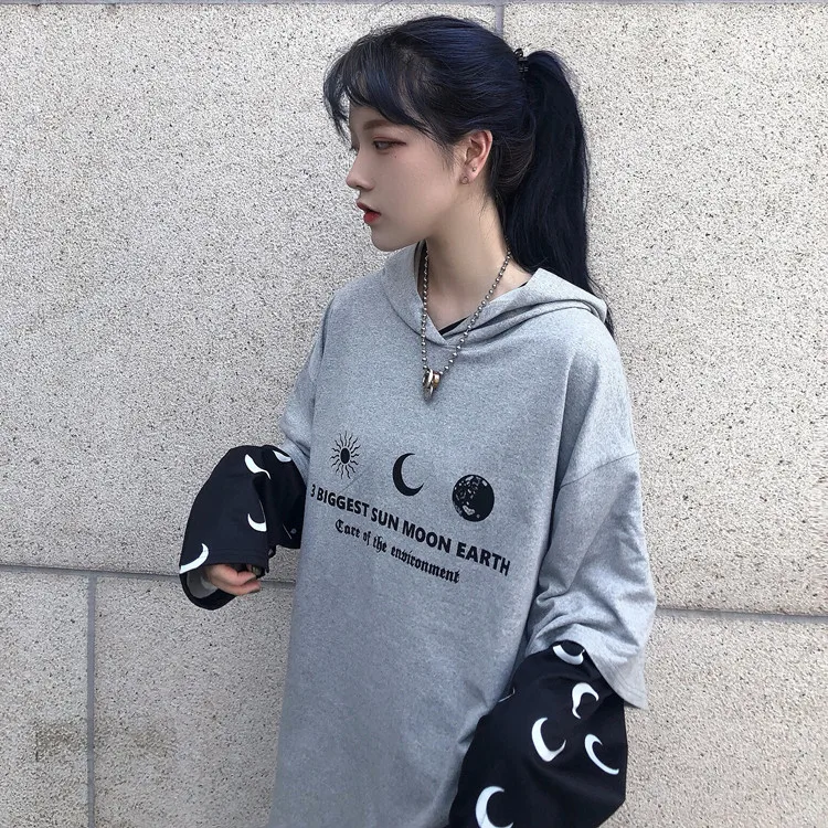 Harajuku уличная Винтажная Футболка для женщин, одежда, осень, корейский Ulzzang, с принтом, с капюшоном, Футболки женские, полный поддельные два топа