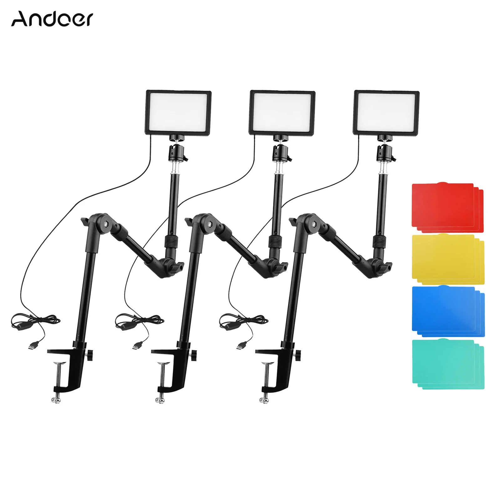 

Осветительный комплект Andoer для видеоконференции с USB, 3 светодиодный ных лампы 3200-5600K с регулируемой яркостью для прямой трансляции видео за...