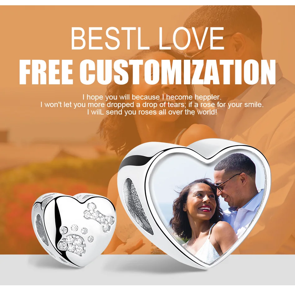 925 пробы серебро Pet лапы печати сердце пользовательские фото талисманы бусины