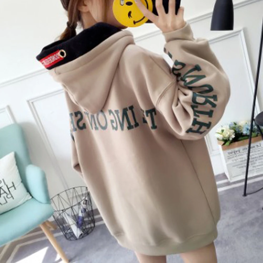 Женские толстовки с капюшоном в стиле Харадзюку буквенным принтом теплые