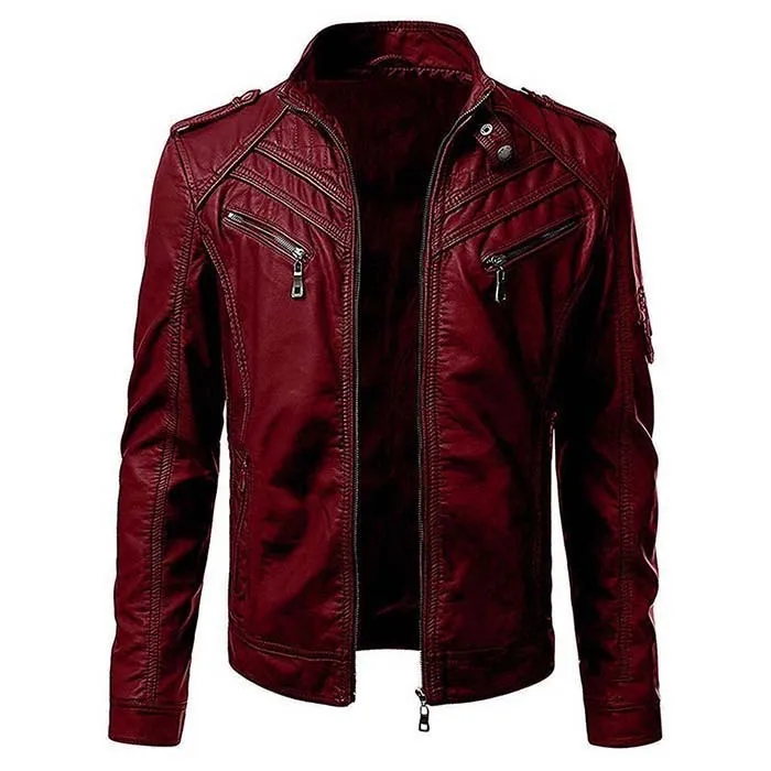 

Leather Jacket Men Casual Turndown Collar Solid Color Leather Coat